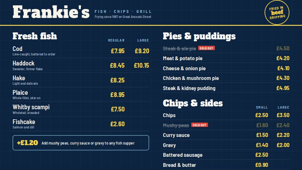 Menu screen listing fresh fish with regular and large prices, pies, chips and sides. One pie is marked sold out.