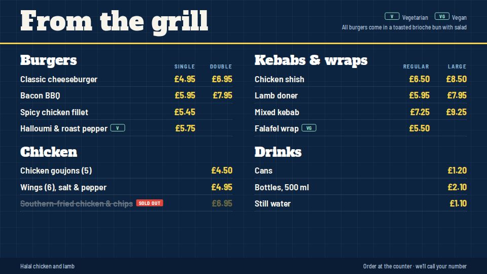 Menu screen listing burgers, kebabs, chicken and drinks with prices.